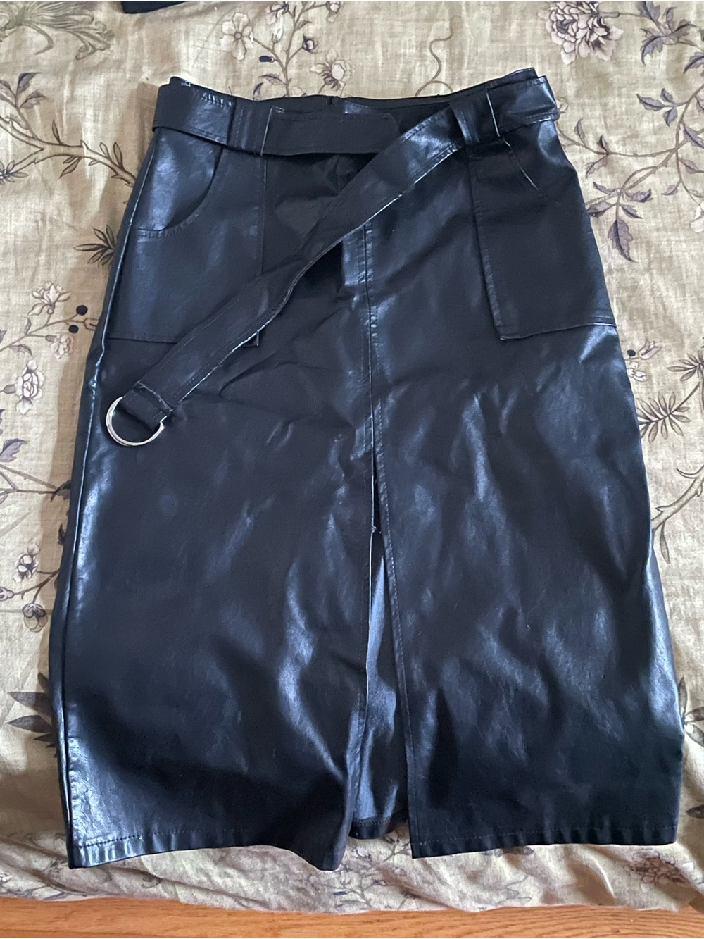 Black Faux Leather Pencil Skirt with Belt